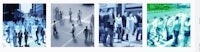 four pictures of people walking down the street